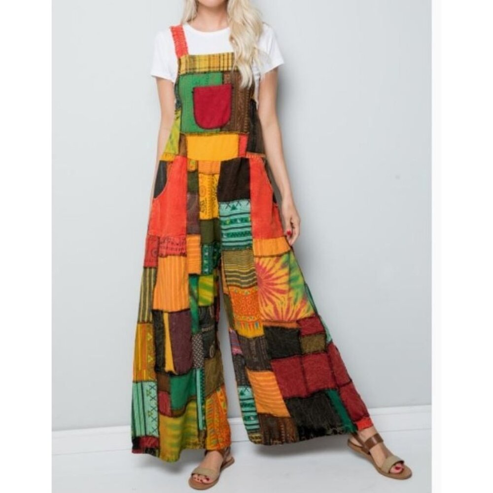 #0315 NWT Kathmandu Patchwork Wide Leg Jumpsuit Boho One Size Green 100% Cotton